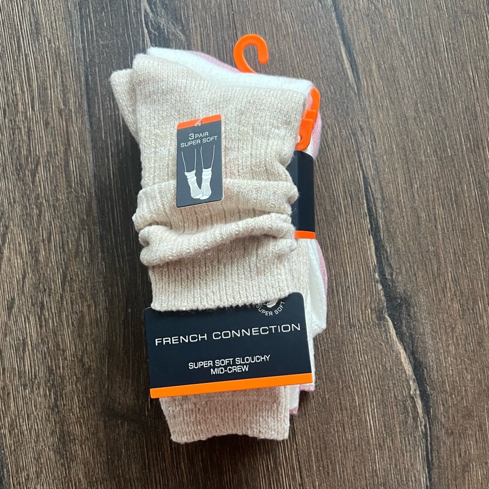 Brand New! French Connection Mid-Crew Socks - 3 Pack- cream, pink and white